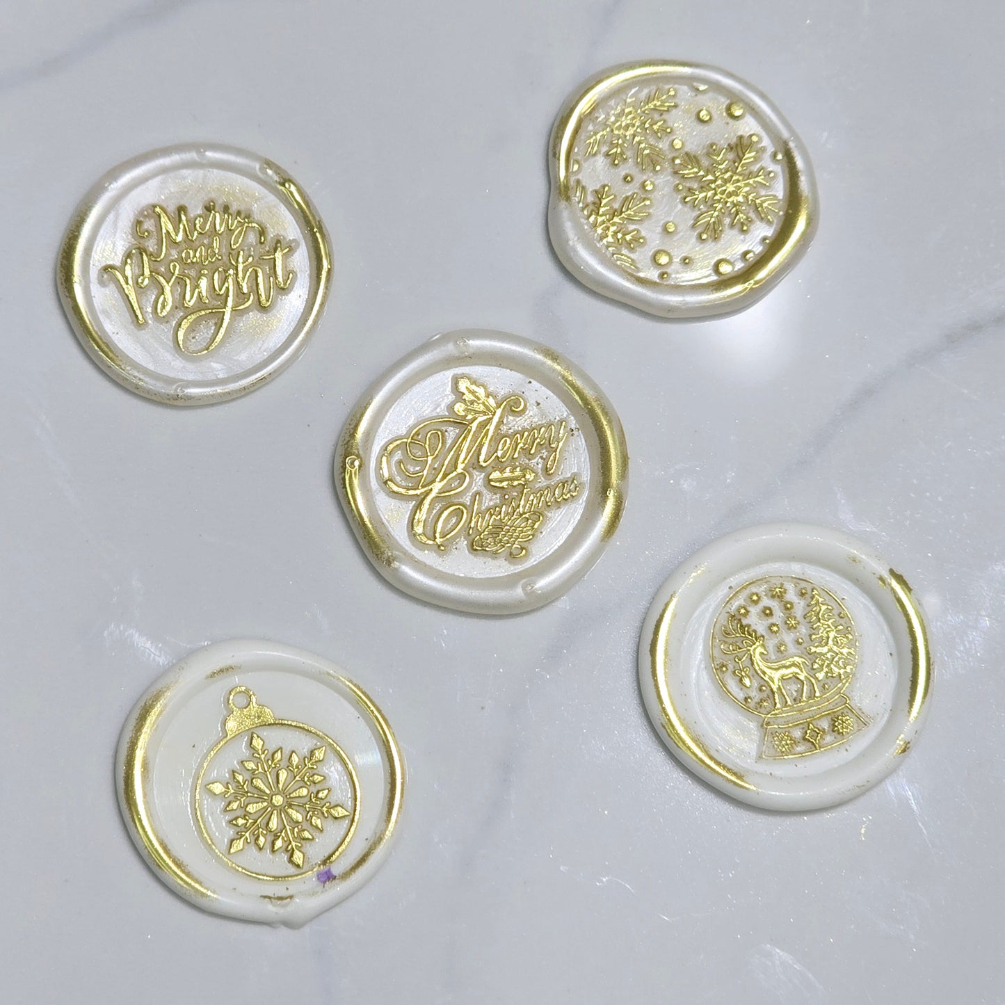 Christmas Wax Seals Pearl White & Gold Assorted Designs Set of Five