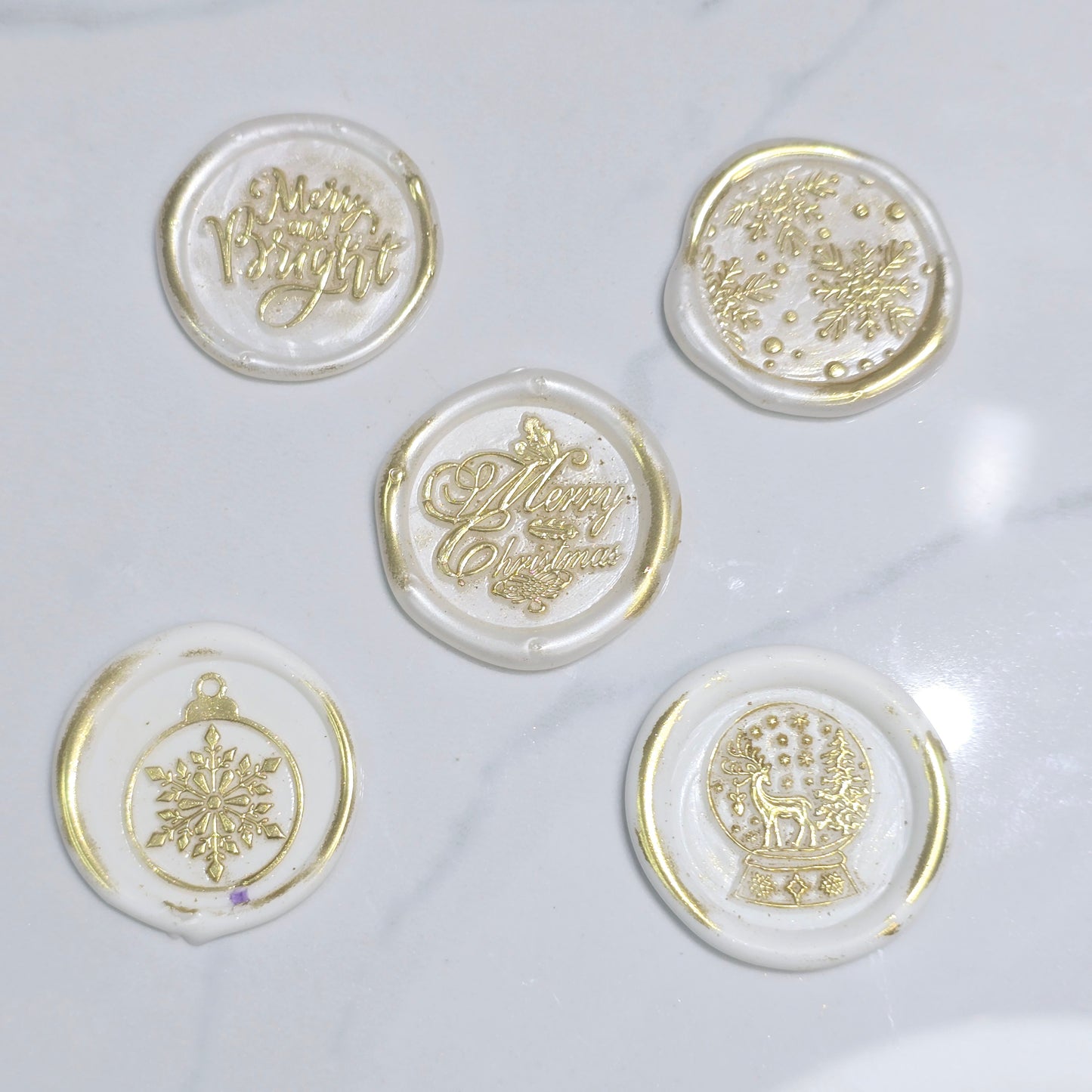 Christmas Wax Seals Pearl White & Gold Assorted Designs Set of Five