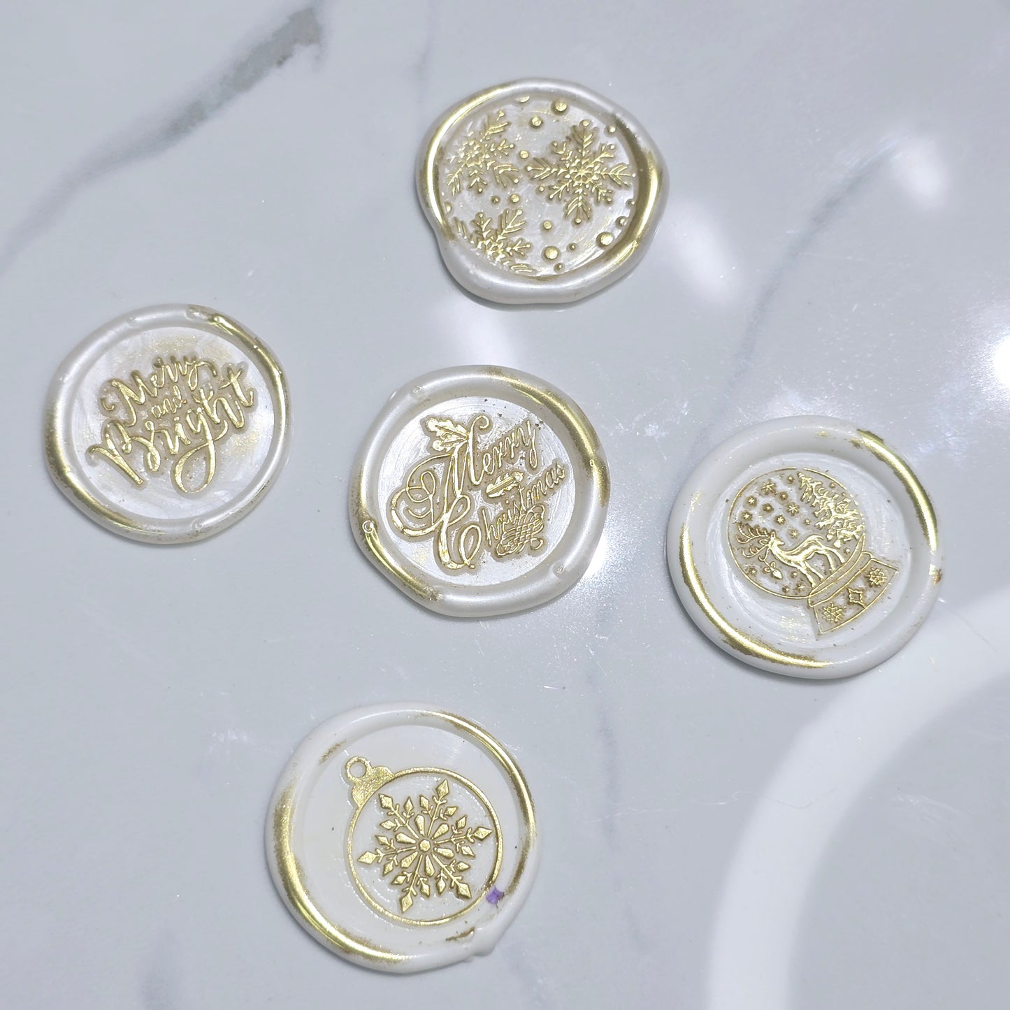 Christmas Wax Seals Pearl White & Gold Assorted Designs Set of Five