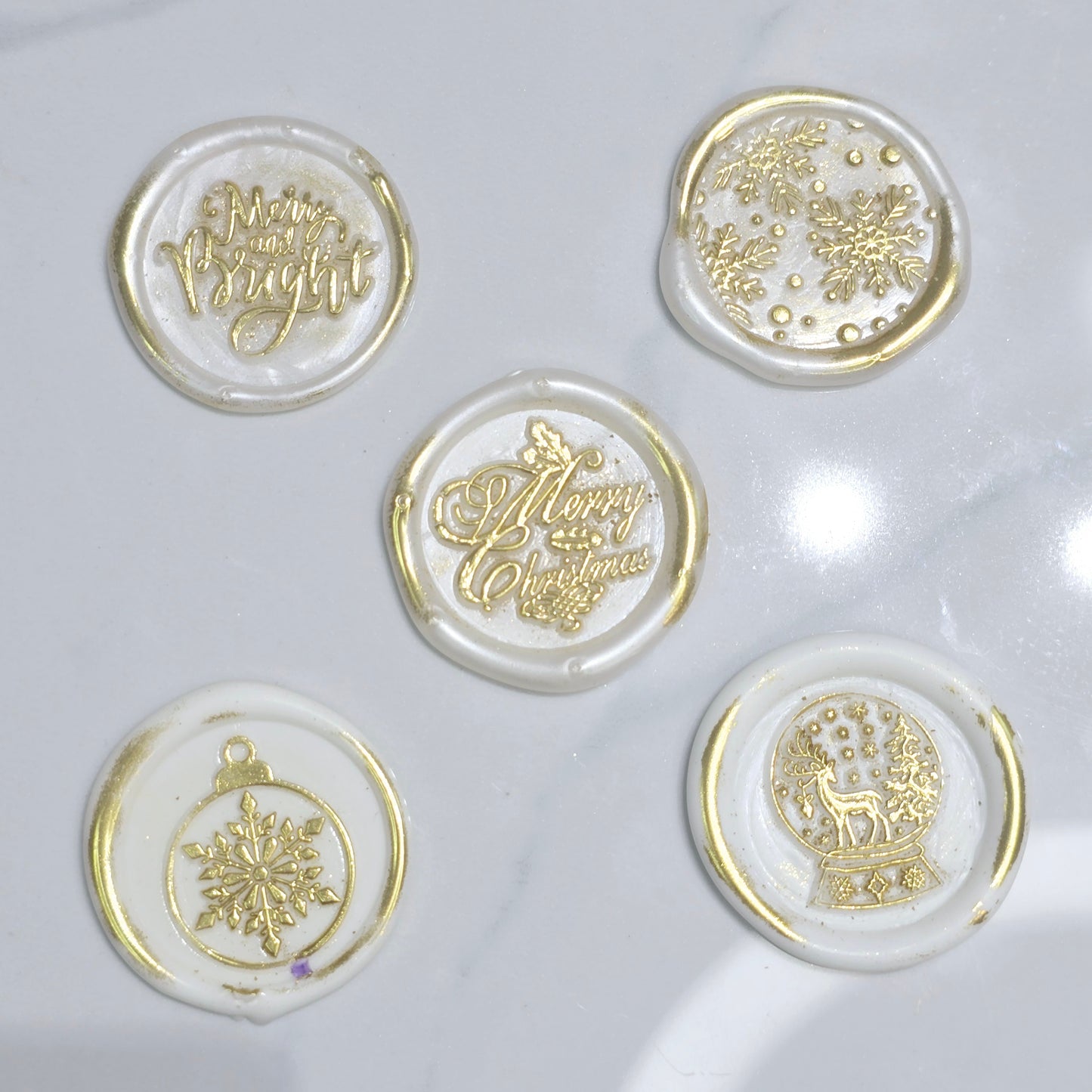 Christmas Wax Seals Pearl White & Gold Assorted Designs Set of Five