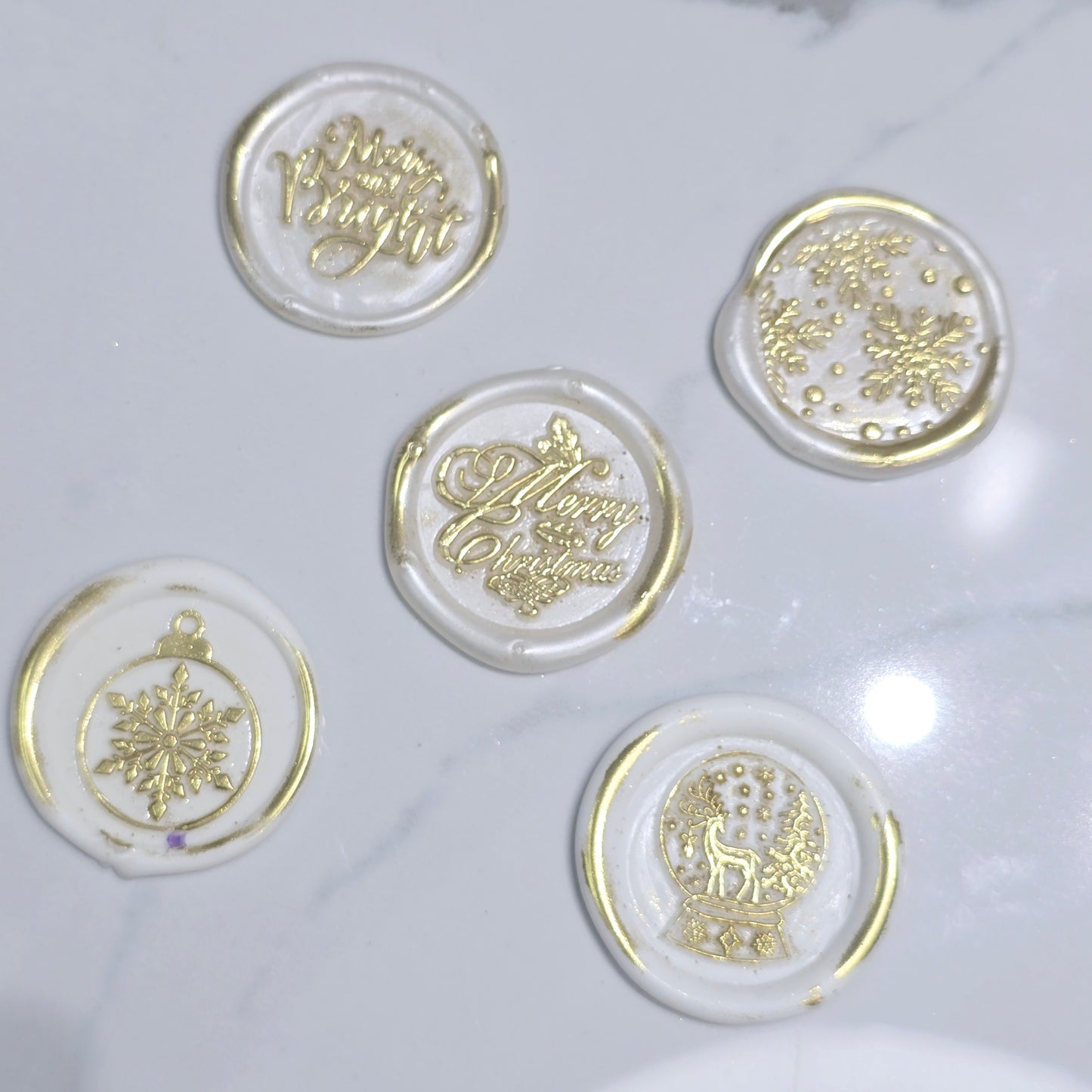 Christmas Wax Seals Pearl White & Gold Assorted Designs Set of Five