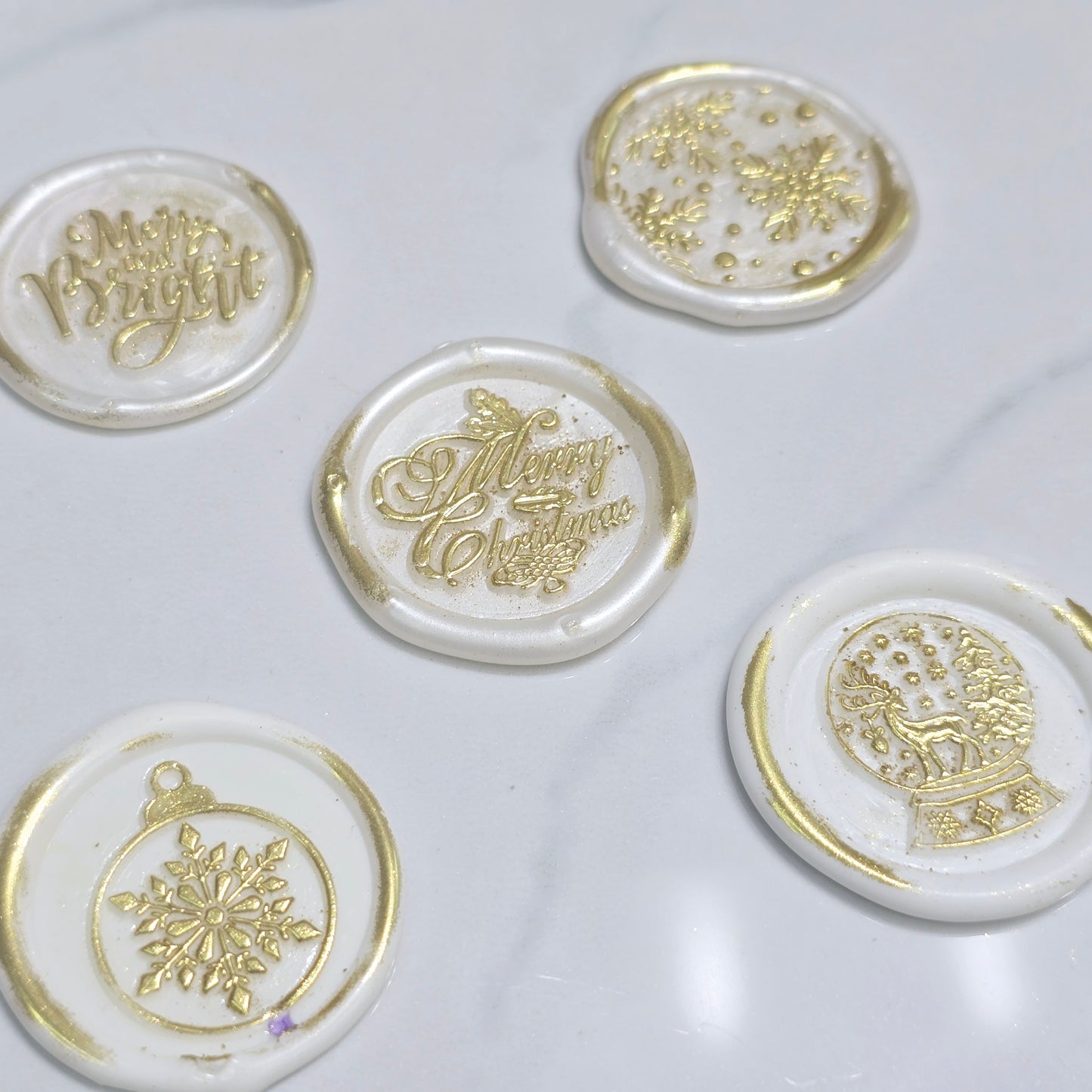 Christmas Wax Seals Pearl White & Gold Assorted Designs Set of Five