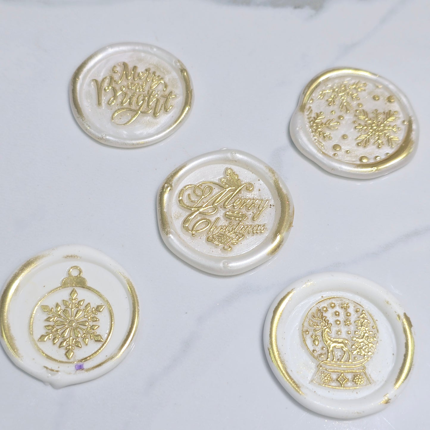 Christmas Wax Seals Pearl White & Gold Assorted Designs Set of Five