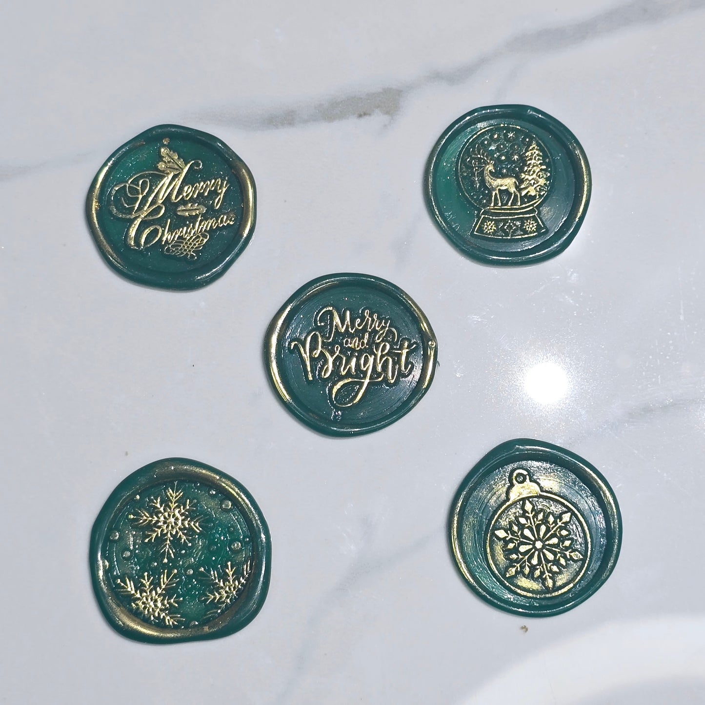 Christmas Wax Seals Green & Gold Assorted Designs Set of Five for Cards & Gifts!