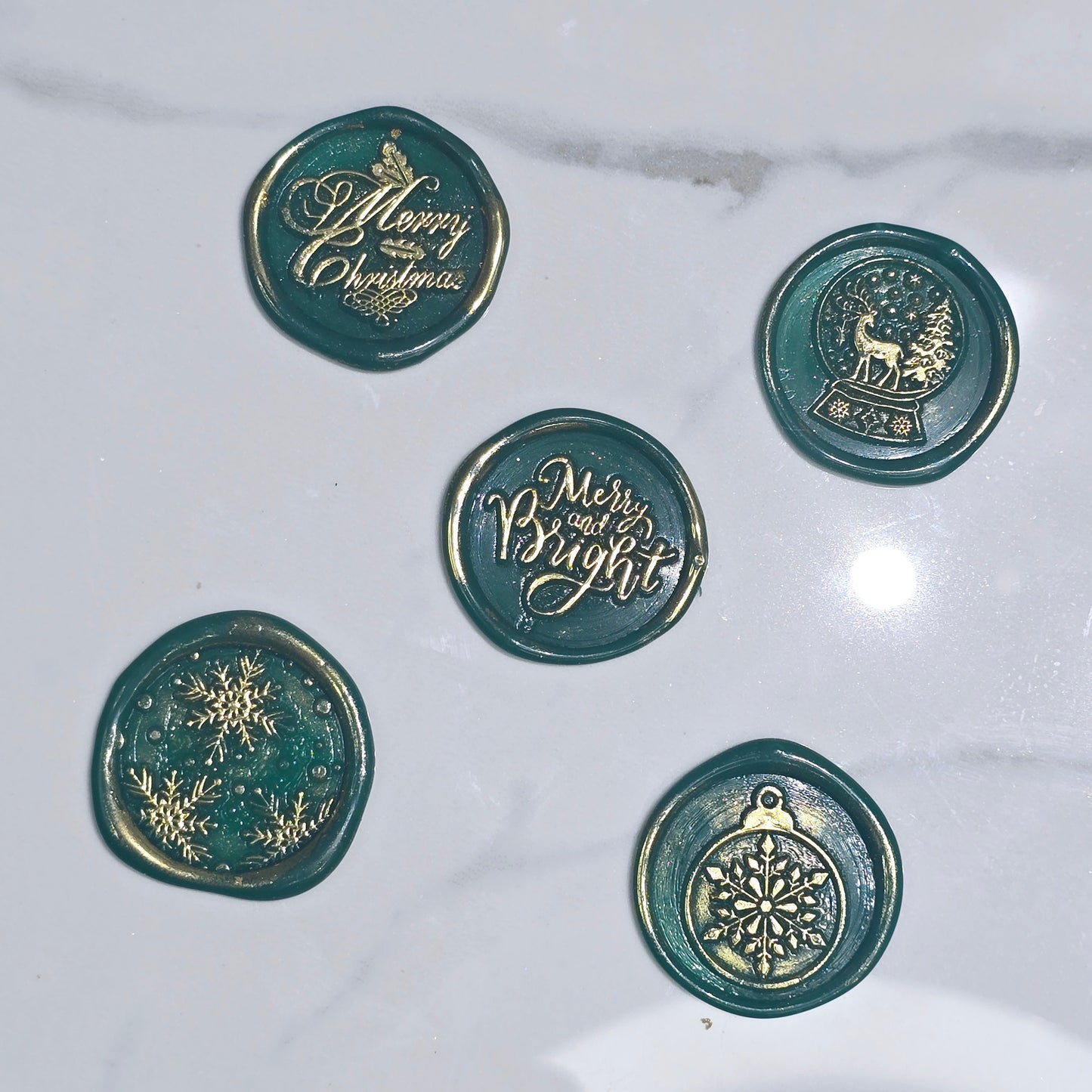 Christmas Wax Seals Green & Gold Assorted Designs Set of Five for Cards & Gifts!