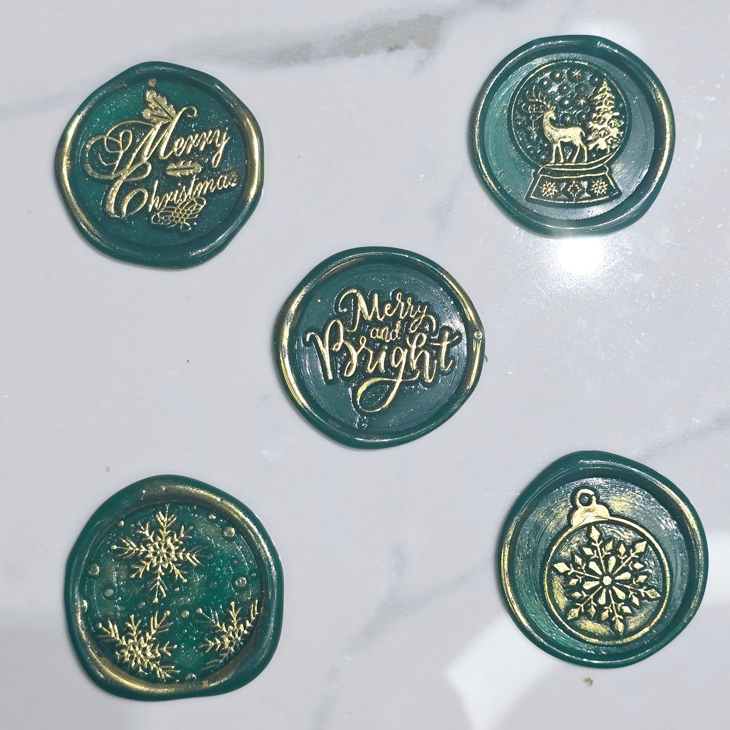 Christmas Wax Seals Green & Gold Assorted Designs Set of Five for Cards & Gifts!