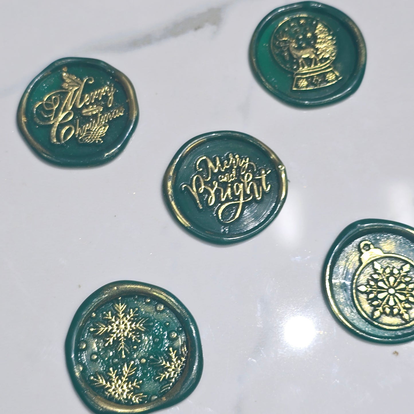 Christmas Wax Seals Green & Gold Assorted Designs Set of Five for Cards & Gifts!