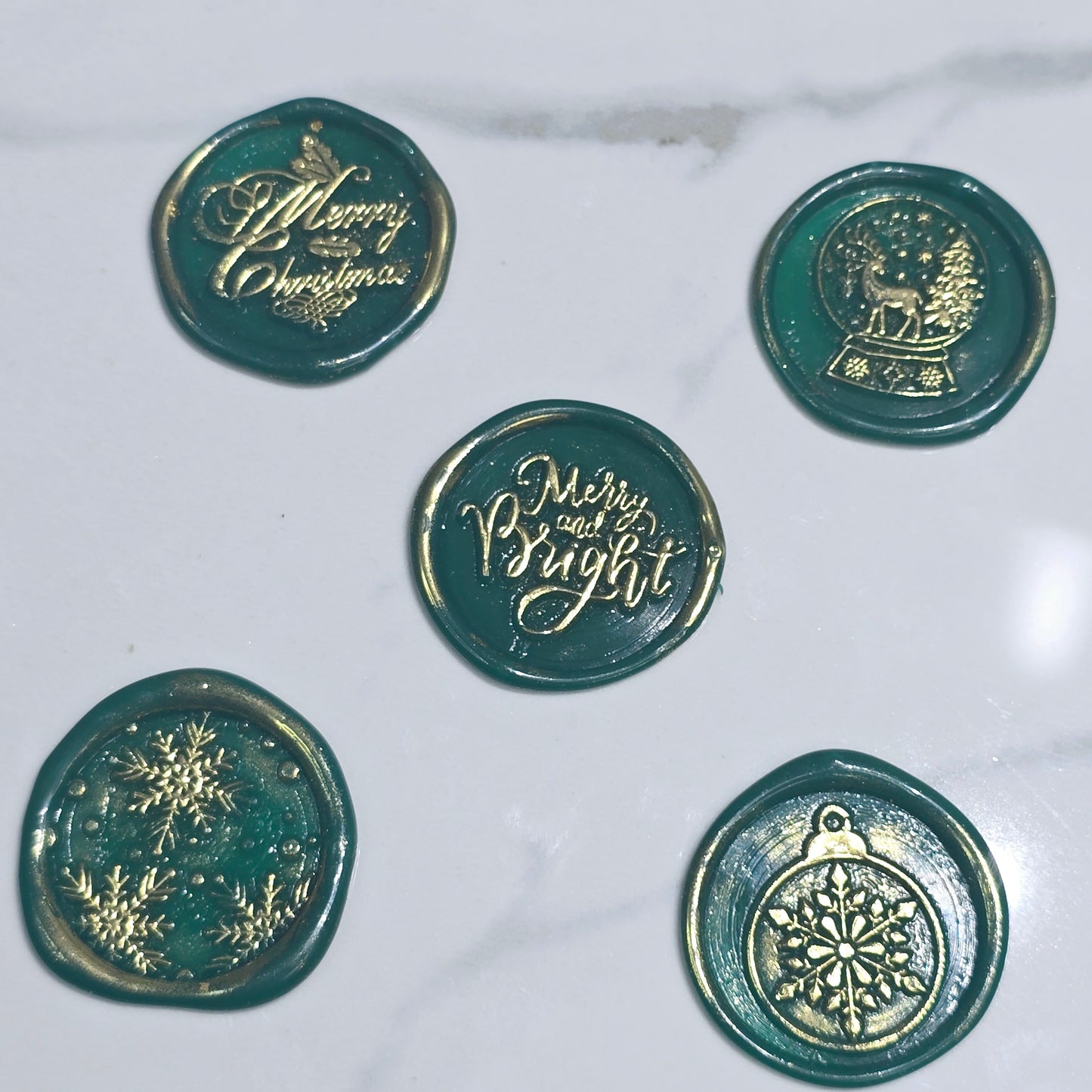 Christmas Wax Seals Green & Gold Assorted Designs Set of Five for Cards & Gifts!