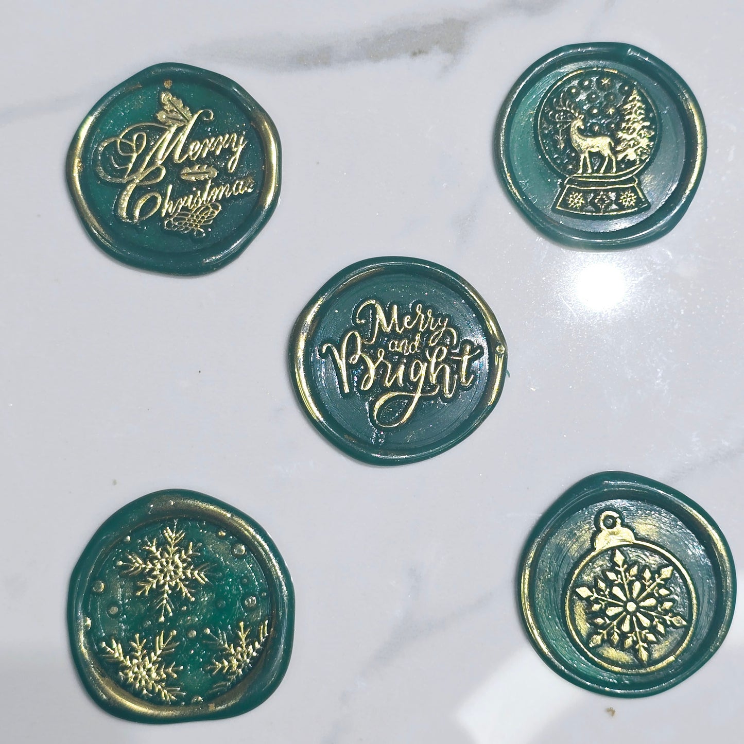 Christmas Wax Seals Green & Gold Assorted Designs Set of Five for Cards & Gifts!