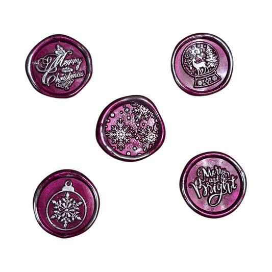 Christmas Wax Seals Mulberry Red & Silver Assorted Designs Set of Five