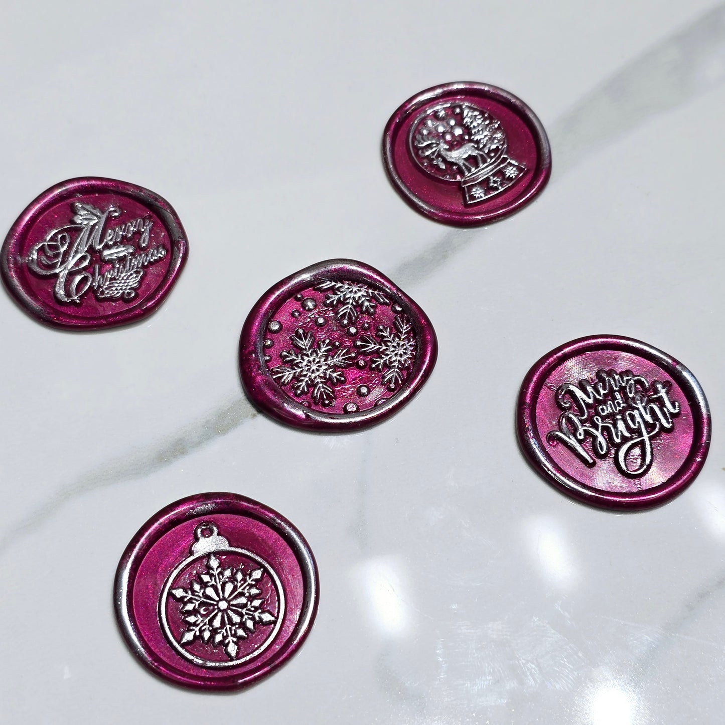 Christmas Wax Seals Mulberry Red & Silver Assorted Designs Set of Five