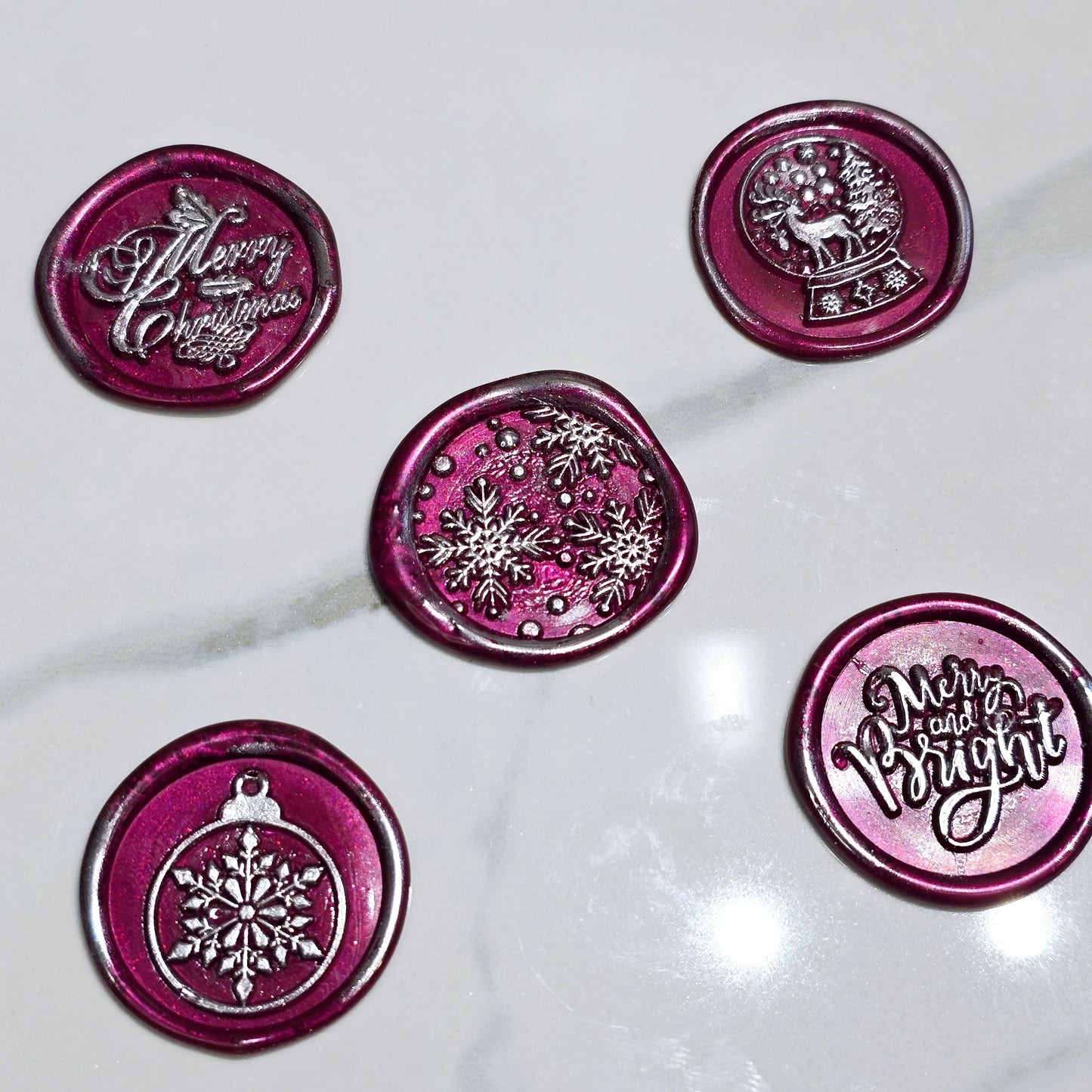 Christmas Wax Seals Mulberry Red & Silver Assorted Designs Set of Five