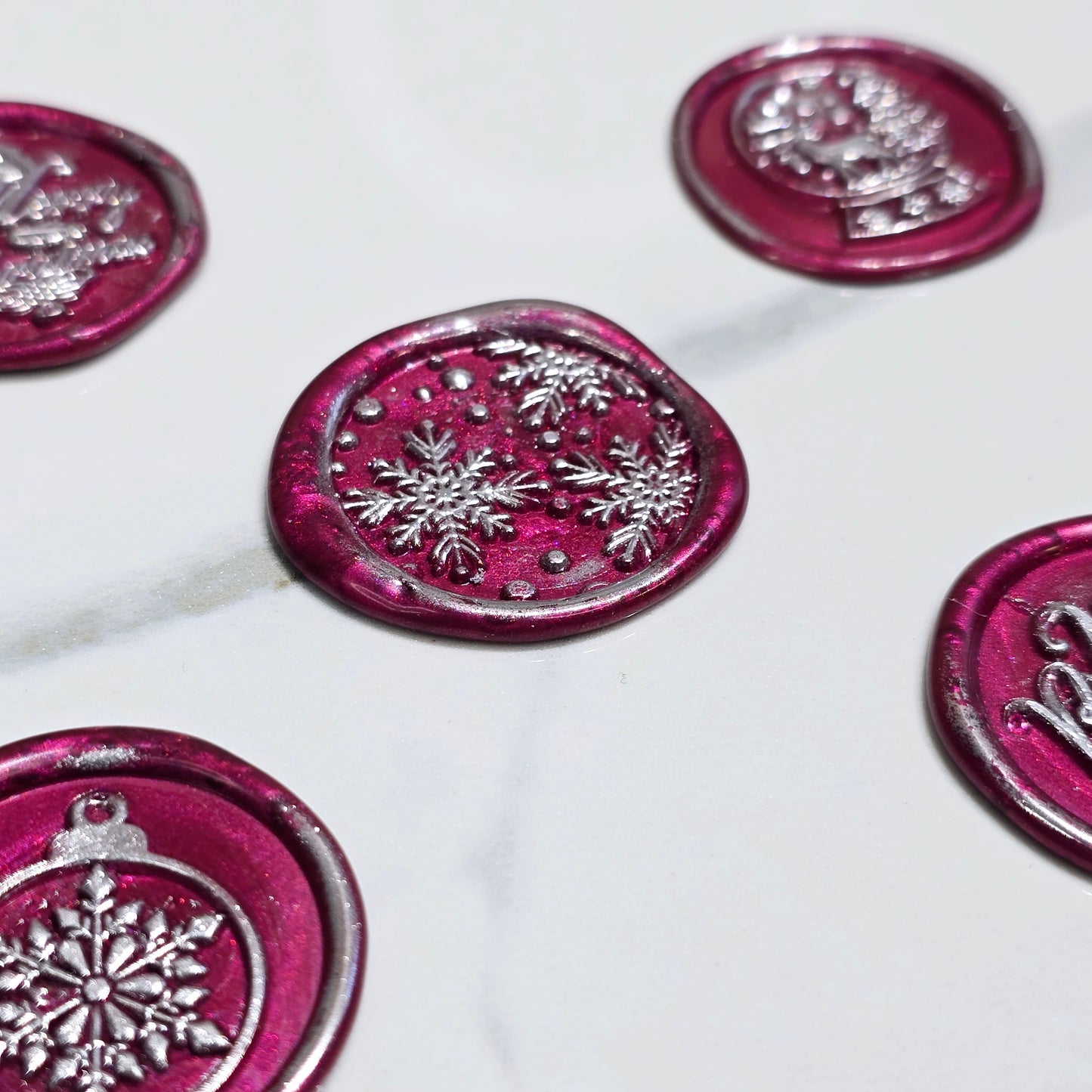 Christmas Wax Seals Mulberry Red & Silver Assorted Designs Set of Five