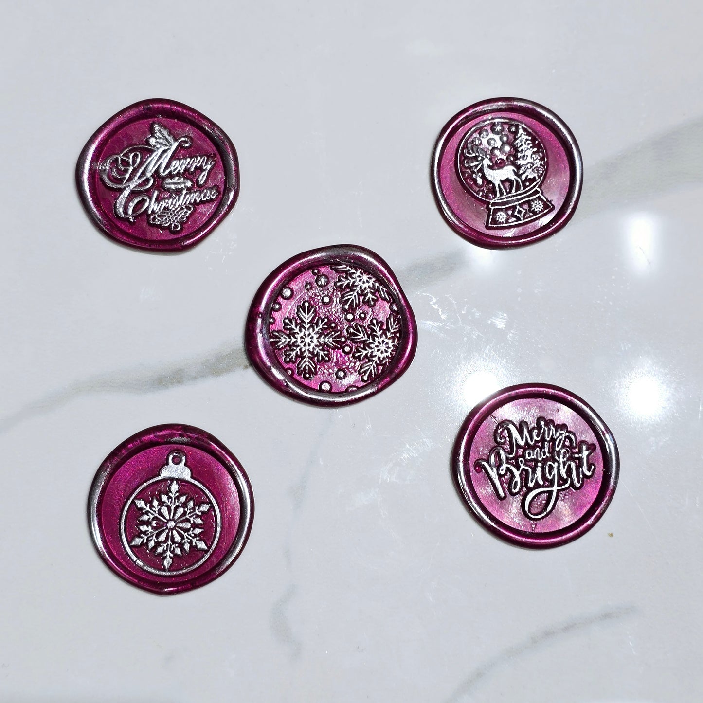 Christmas Wax Seals Mulberry Red & Silver Assorted Designs Set of Five