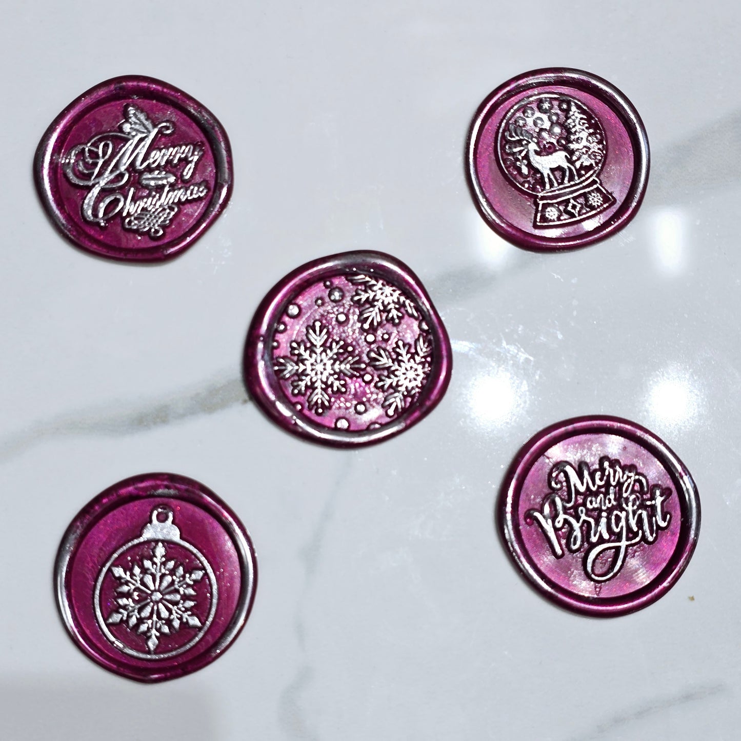 Christmas Wax Seals Mulberry Red & Silver Assorted Designs Set of Five