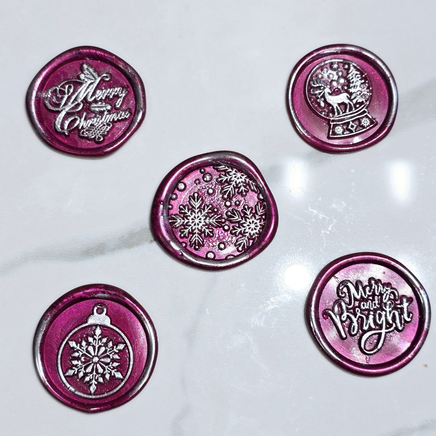 Christmas Wax Seals Mulberry Red & Silver Assorted Designs Set of Five