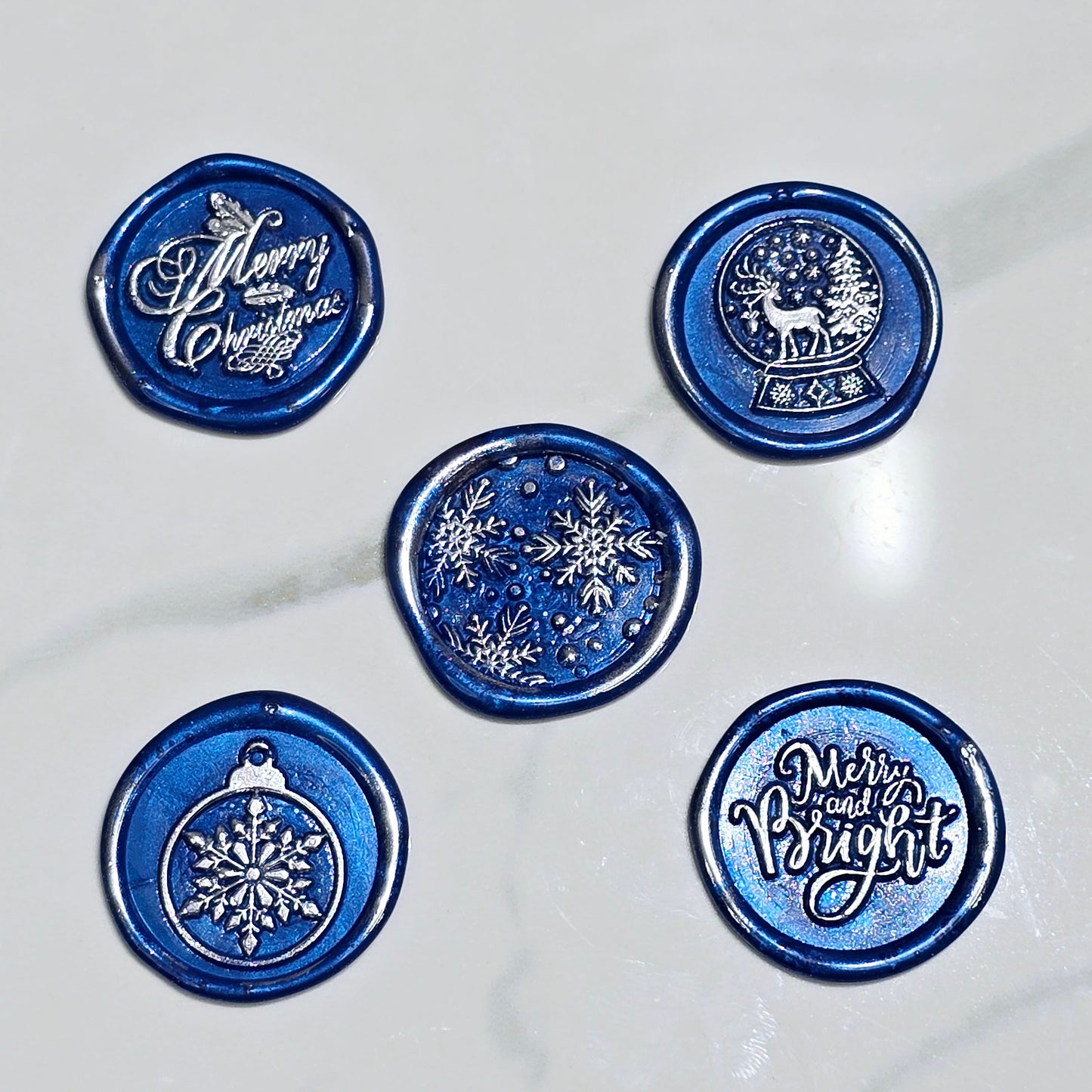 Christmas Wax Seals Royal Blue & Silver Assorted Designs Set of Five