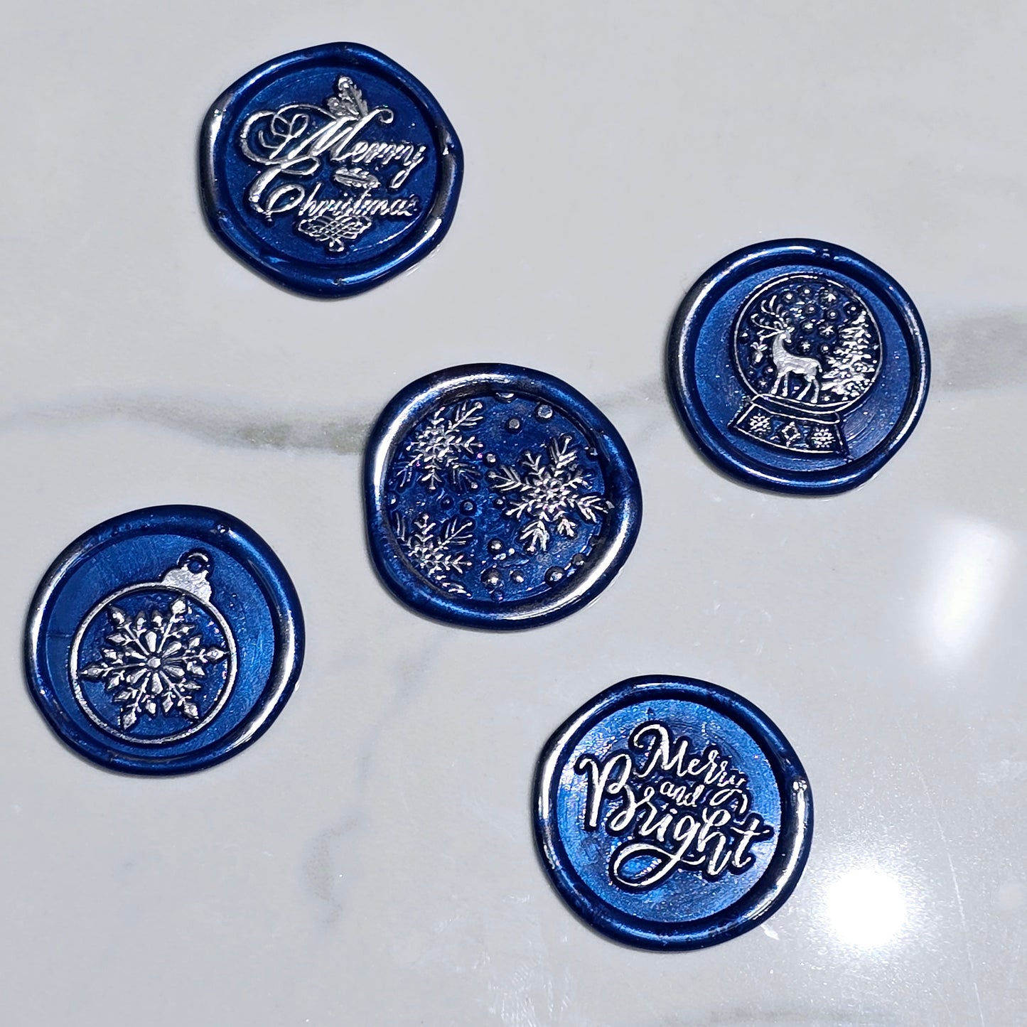 Christmas Wax Seals Royal Blue & Silver Assorted Designs Set of Five