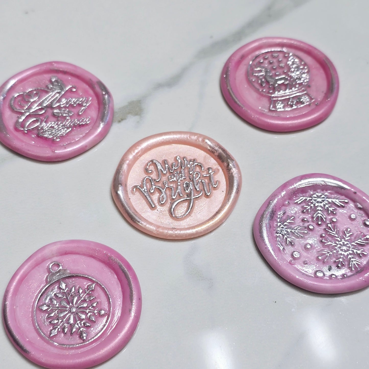 Christmas Wax Seals Pretty in Pink & Silver Assorted Designs Set of Five for Cards & Gifts!