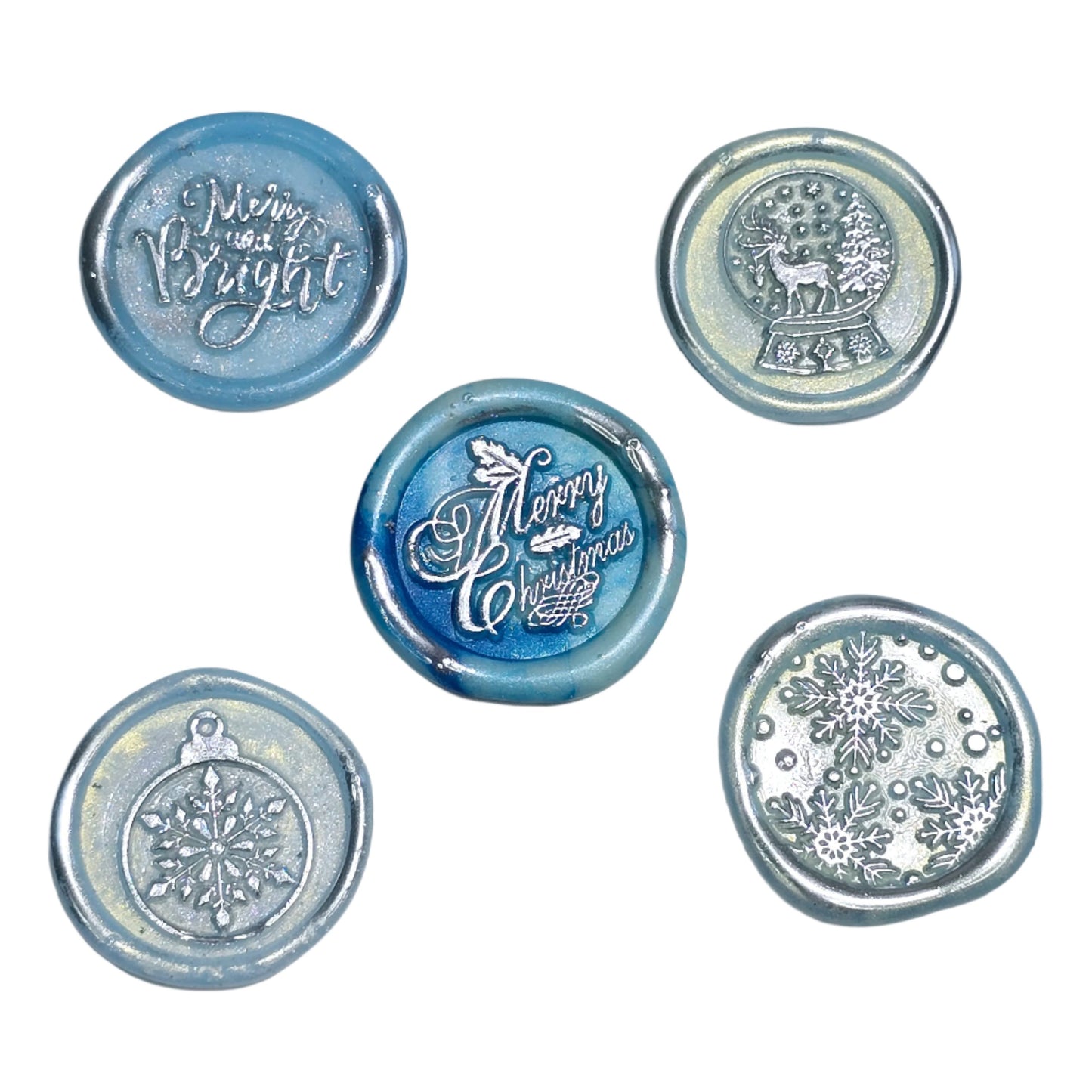 Christmas Wax Seals Ice Blue & Silver Assorted Designs Set of Five for Cards & Gifts!