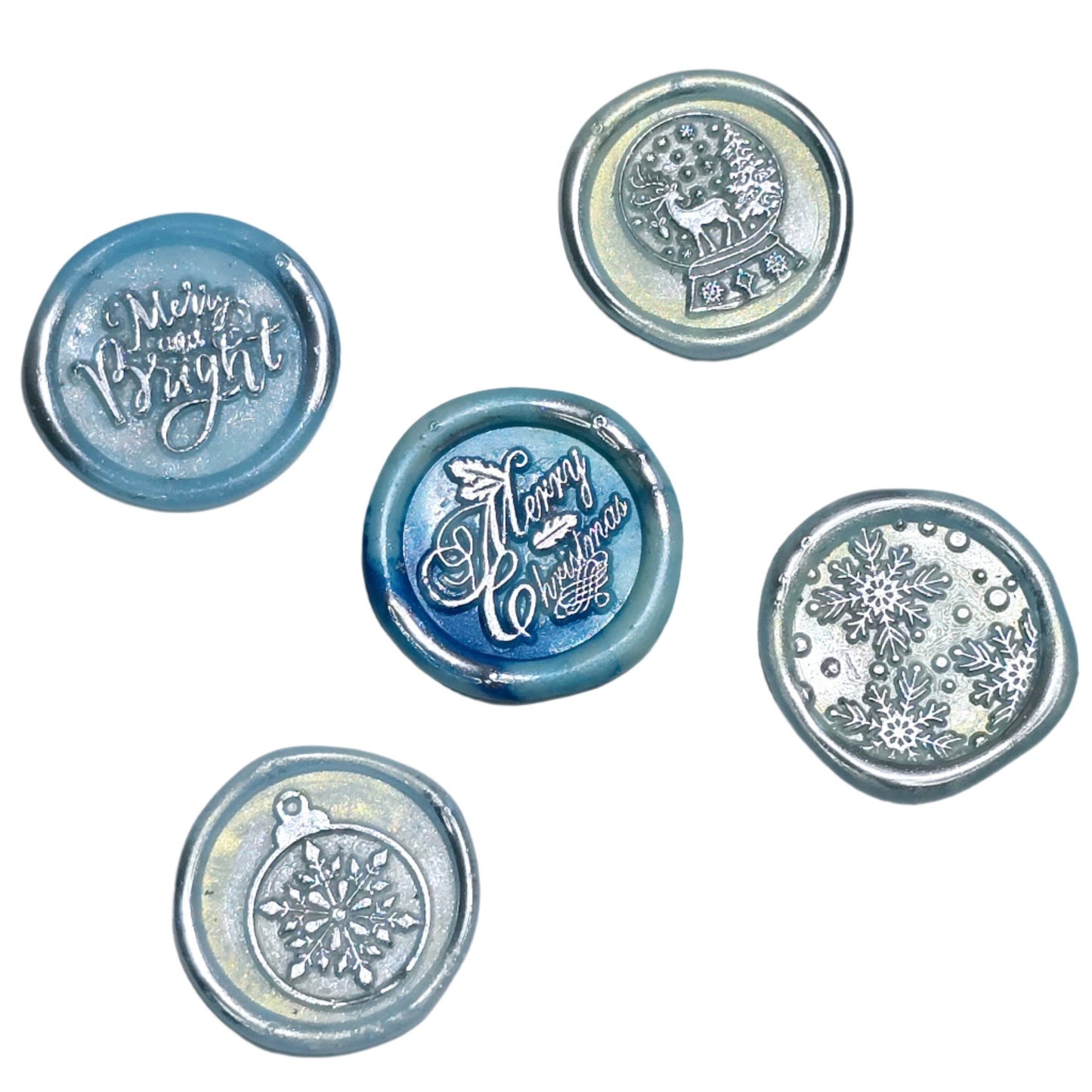 Christmas Wax Seals Ice Blue & Silver Assorted Designs Set of Five for Cards & Gifts!