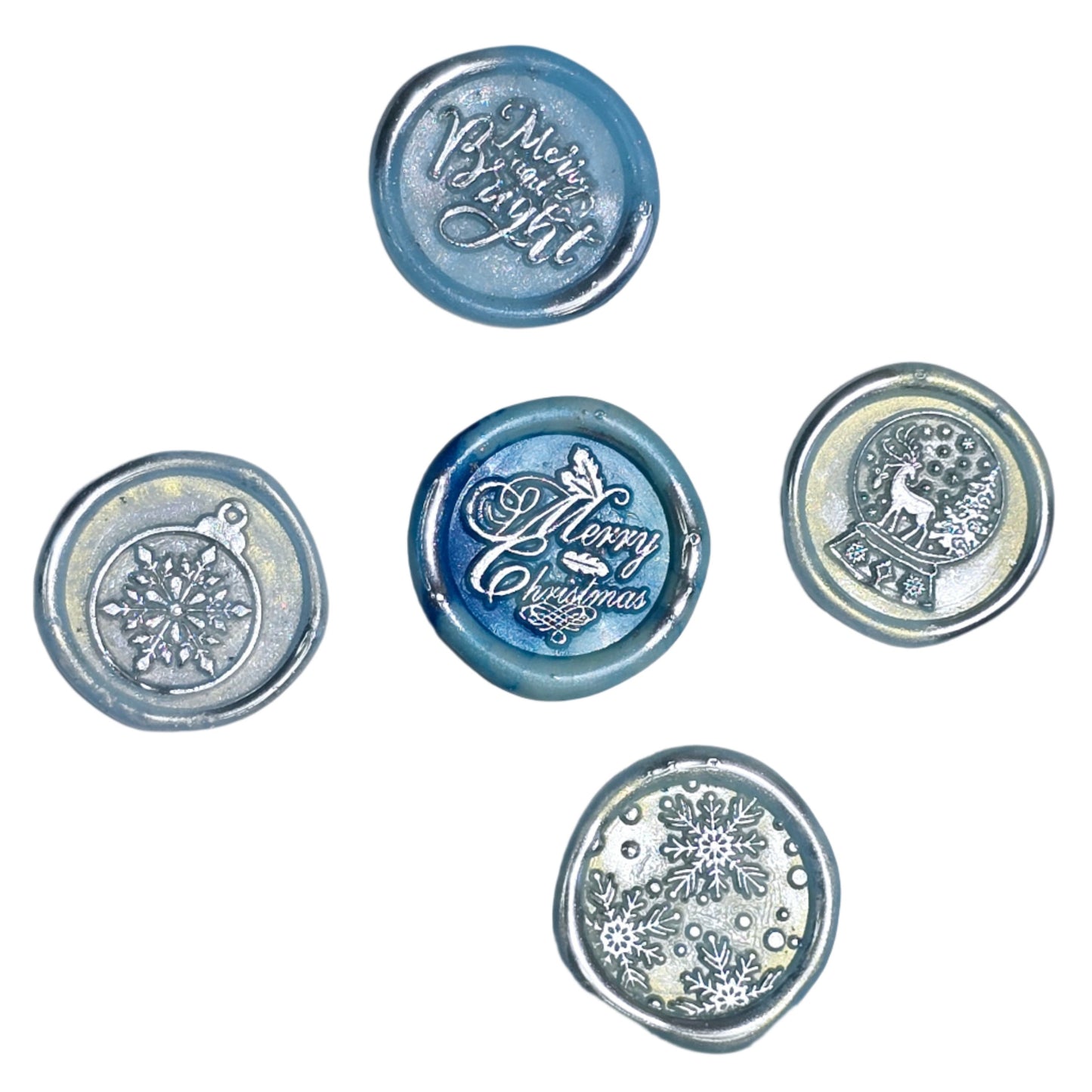 Christmas Wax Seals Ice Blue & Silver Assorted Designs Set of Five for Cards & Gifts!