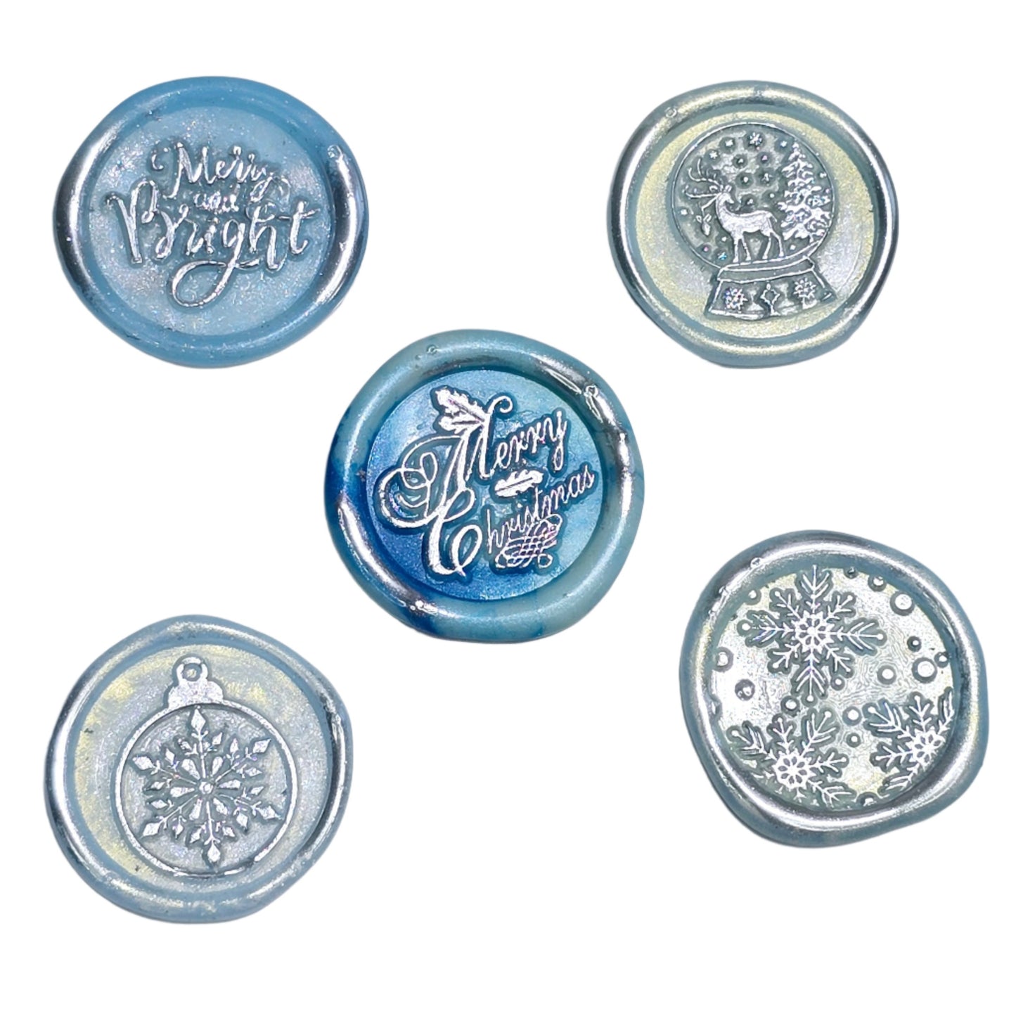 Christmas Wax Seals Ice Blue & Silver Assorted Designs Set of Five for Cards & Gifts!