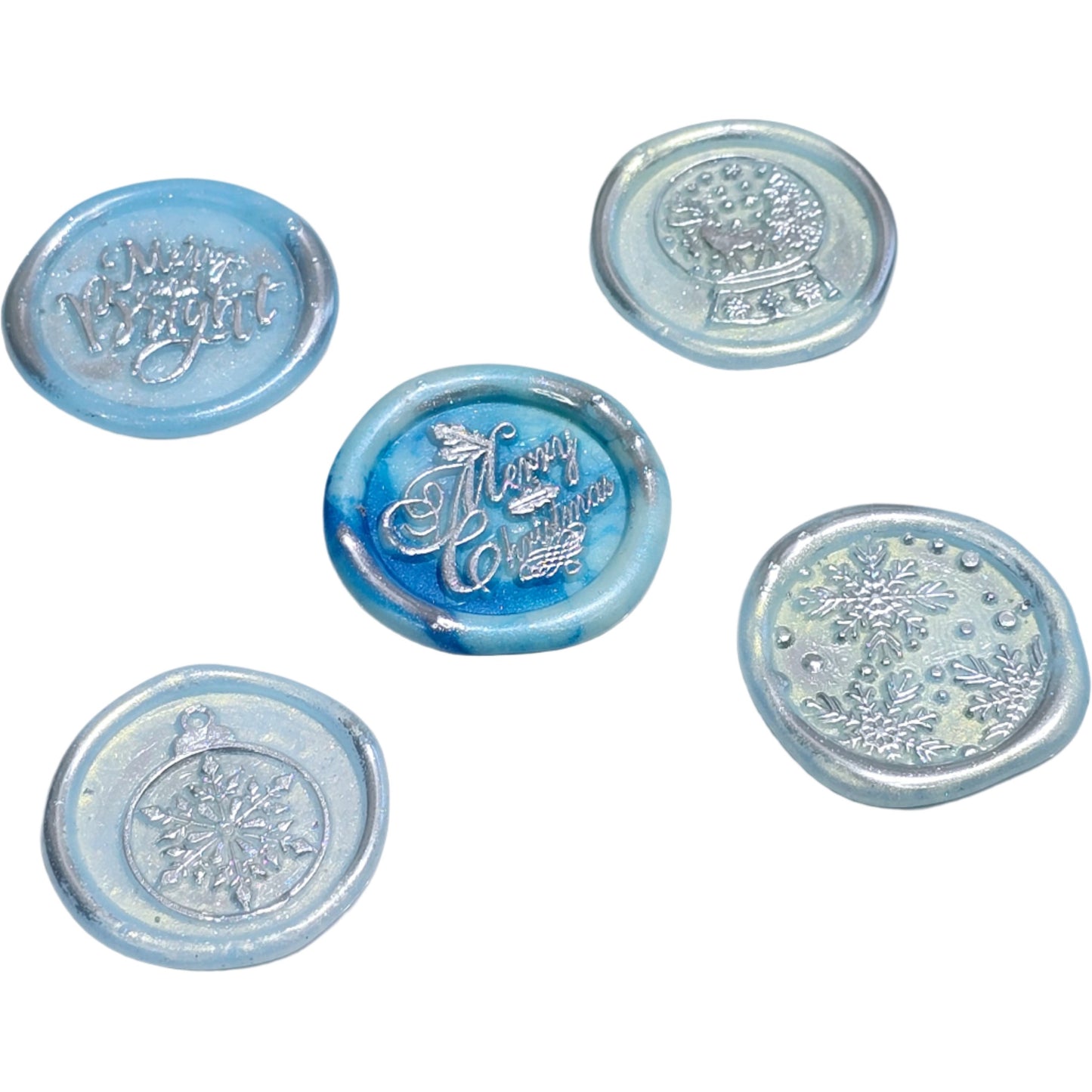 Christmas Wax Seals Ice Blue & Silver Assorted Designs Set of Five for Cards & Gifts!