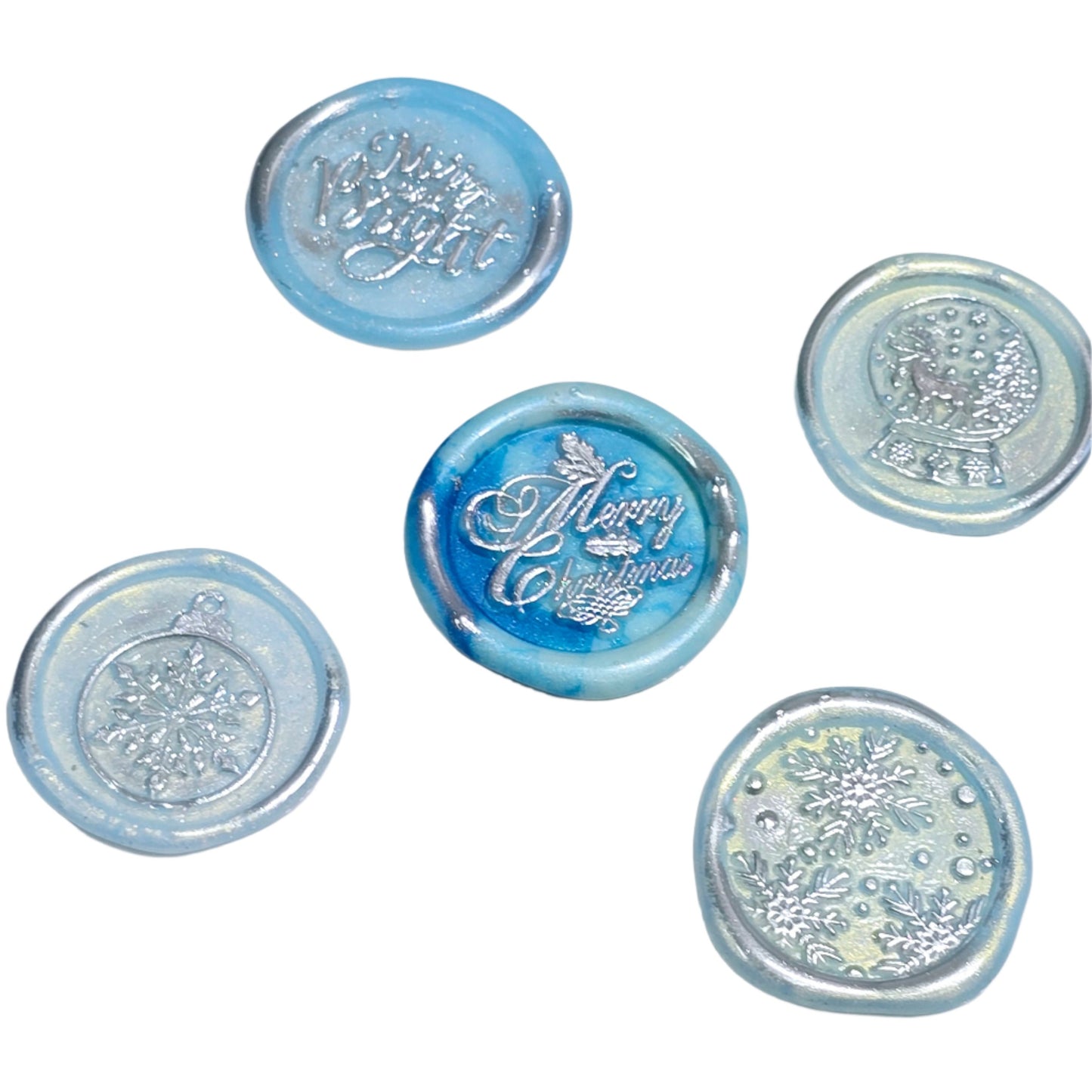 Christmas Wax Seals Ice Blue & Silver Assorted Designs Set of Five for Cards & Gifts!