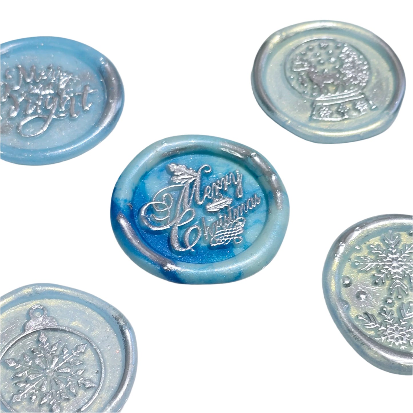 Christmas Wax Seals Ice Blue & Silver Assorted Designs Set of Five for Cards & Gifts!