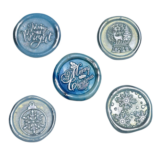 Christmas Wax Seals Ice Blue & Silver Assorted Designs Set of Five for Cards & Gifts!