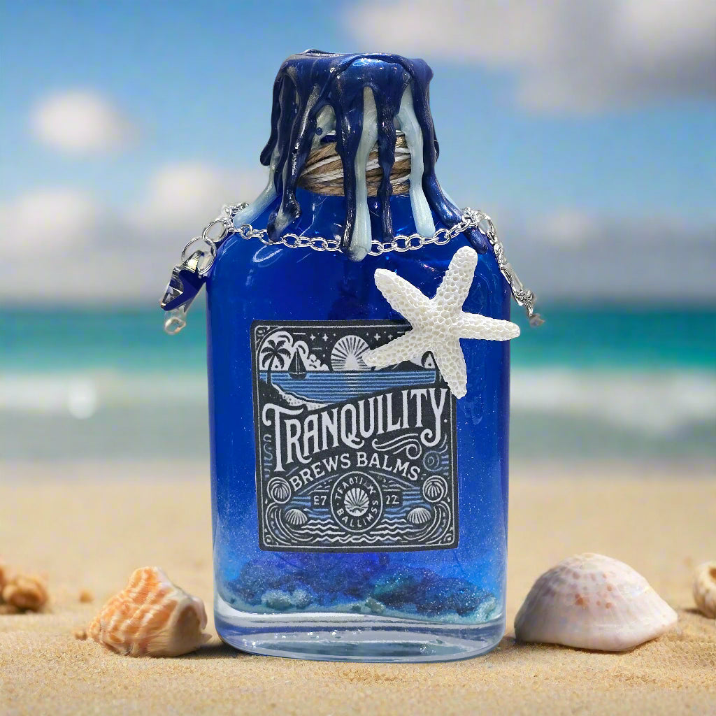 Tranquility Brews Balms Glass Potion Bottle Prop - Decorative Gift with Color Changing Liquid & Starfish Accents 5 Inches Tall