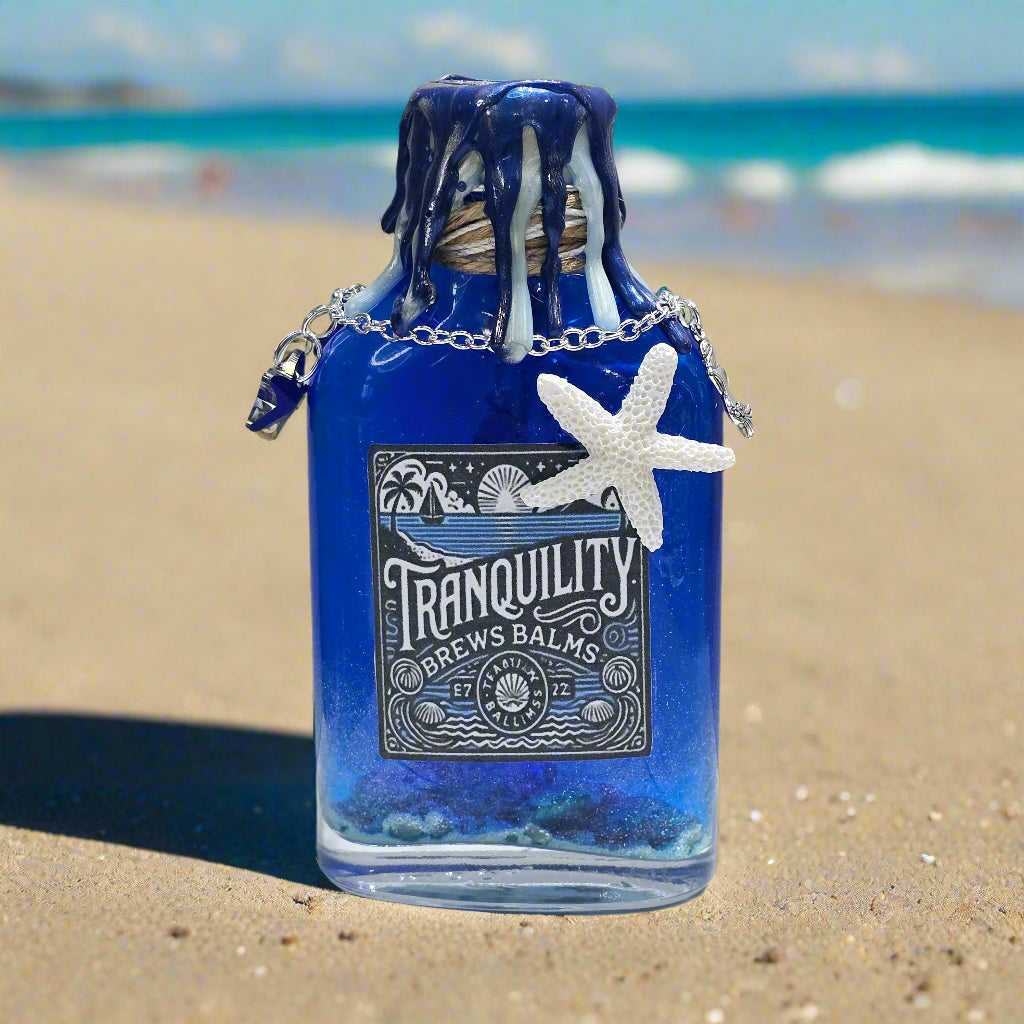 Tranquility Brews Balms Glass Potion Bottle Prop - Decorative Gift with Color Changing Liquid & Starfish Accents 5 Inches Tall