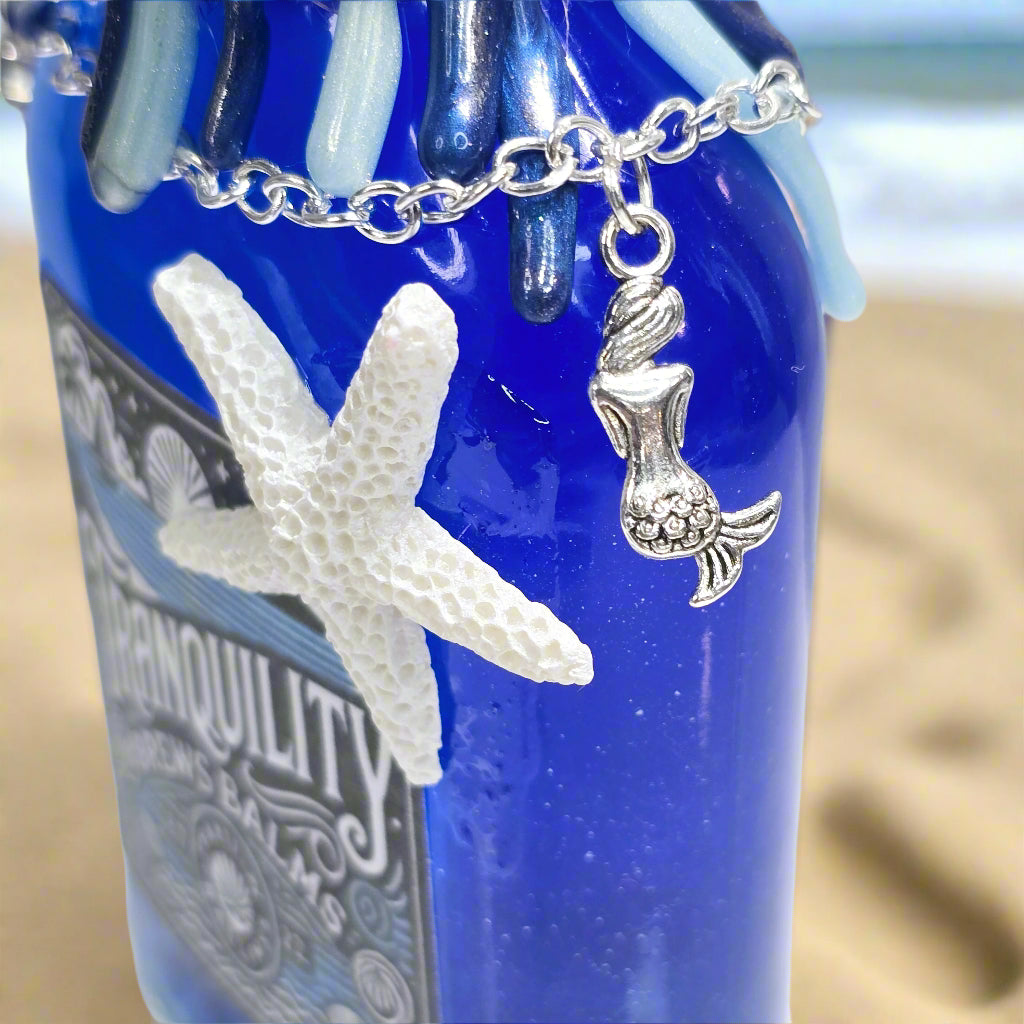 Tranquility Brews Balms Glass Potion Bottle Prop - Decorative Gift with Color Changing Liquid & Starfish Accents 5 Inches Tall