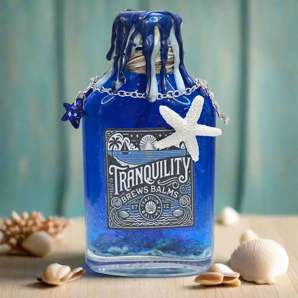 Tranquility Brews Balms Glass Potion Bottle Prop Decorative Gift with Color Changing Liquid & Starfish Accents