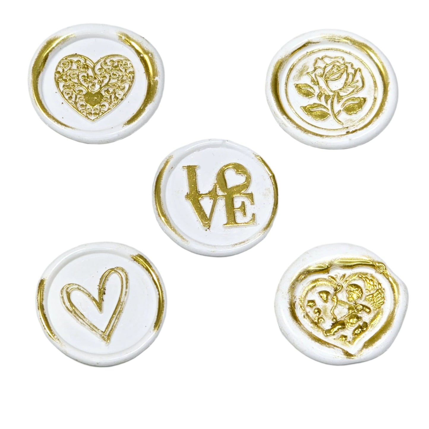 Romantic Wax Seals White & Gold Assorted Styles Set of Five - Handmade Adhesive Seals for Cards, Gifts & More with Hearts, Rose & Love Design