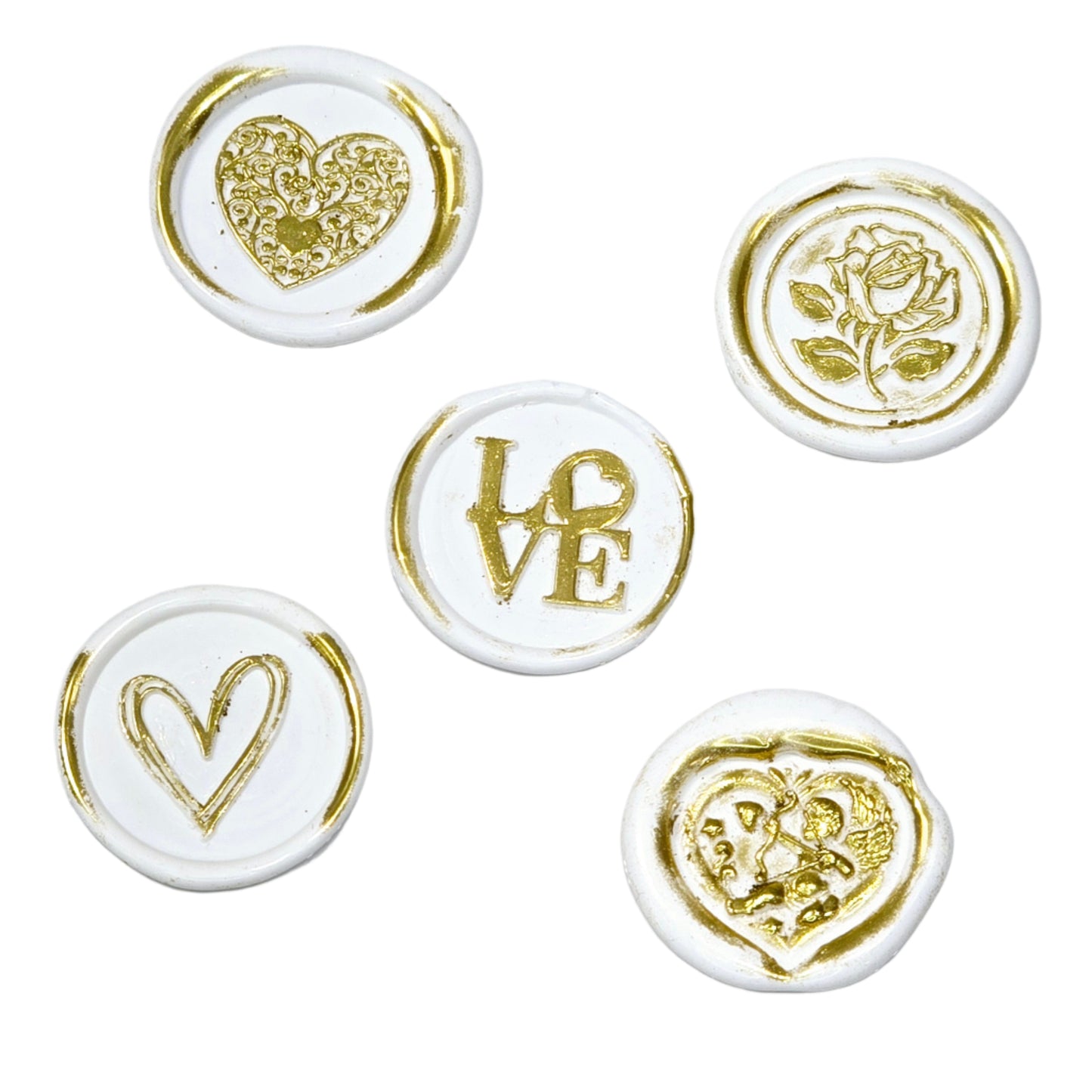 Romantic Wax Seals White & Gold Assorted Styles Set of Five - Handmade Adhesive Seals for Cards, Gifts & More with Hearts, Rose & Love Design