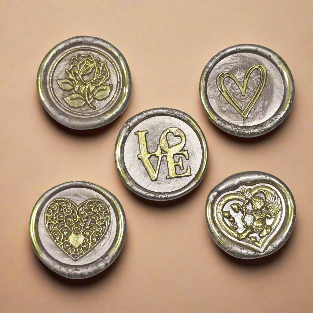 Wax Seals Champagne Beige & Gold Assorted Styles Set of Five - Handmade Adhesive Seals for Cards, Gifts & More with Hearts, Rose & Love Design