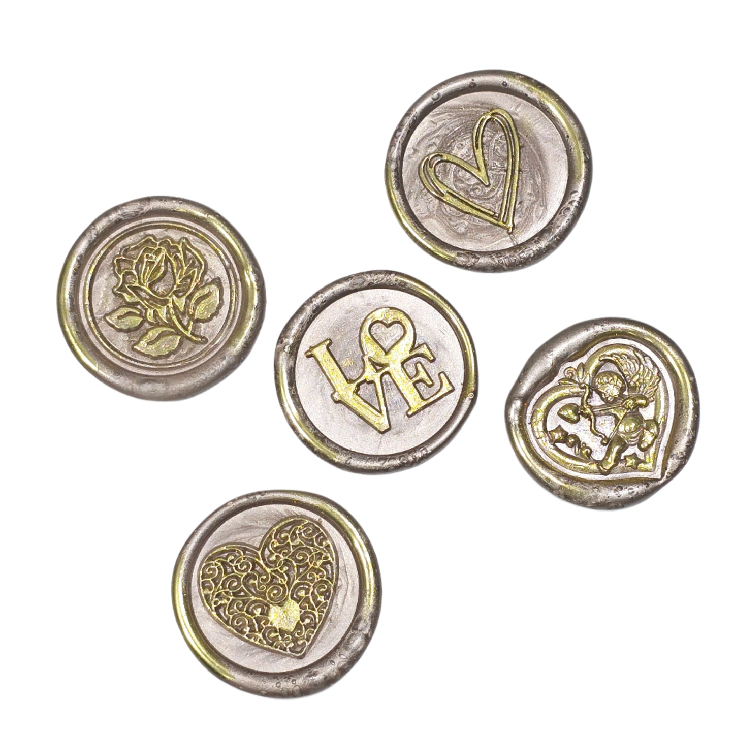 Wax Seals Champagne Beige & Gold Assorted Styles Set of Five - Handmade Adhesive Seals for Cards, Gifts & More with Hearts, Rose & Love Design