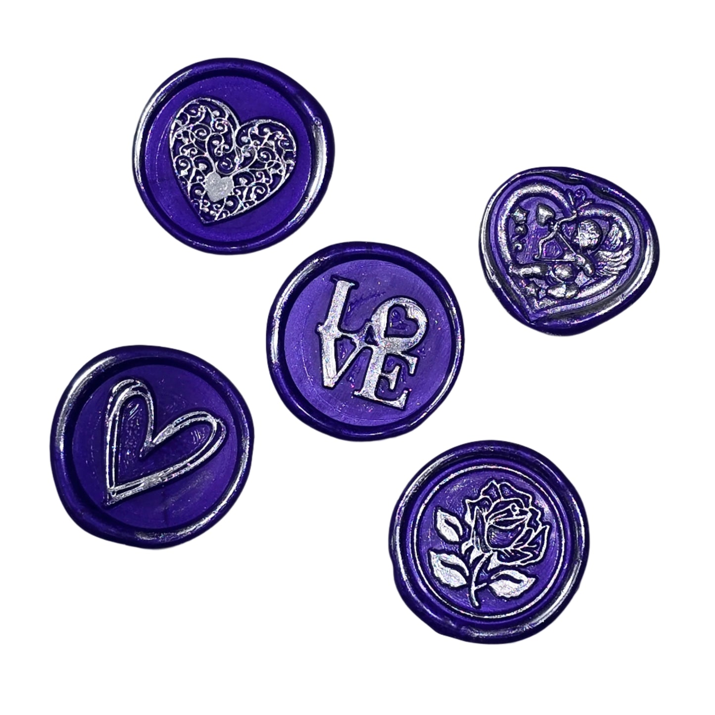 Wax Seals Purple Silver Assorted Styles Set of Five - Handmade Adhesive Seals for Cards, Gifts & More with Hearts, Rose & Love Design