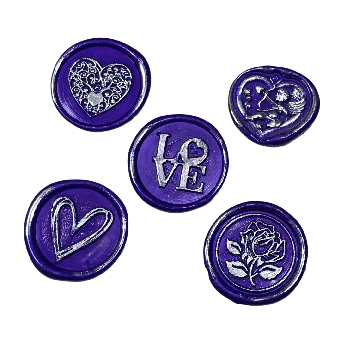 Wax Seals Purple Silver Assorted Styles Set of Five - Handmade Adhesive Seals for Cards, Gifts & More with Hearts, Rose & Love Design