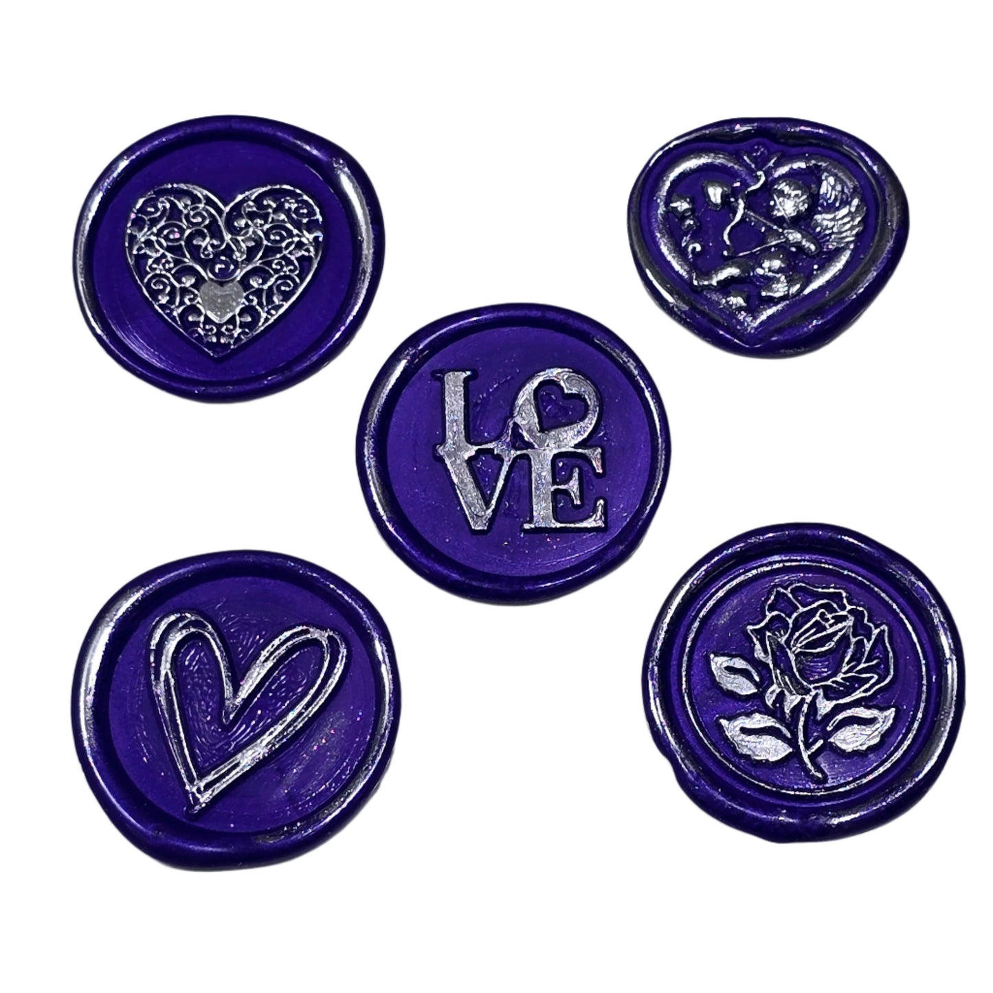 Wax Seals Purple Silver Assorted Styles Set of Five - Handmade Adhesive Seals for Cards, Gifts & More with Hearts, Rose & Love Design