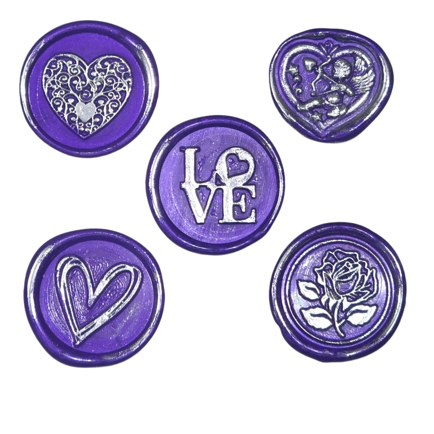 Wax Seals Purple Silver Assorted Styles Set of Five - Handmade Adhesive Seals for Cards, Gifts & More with Hearts, Rose & Love Design