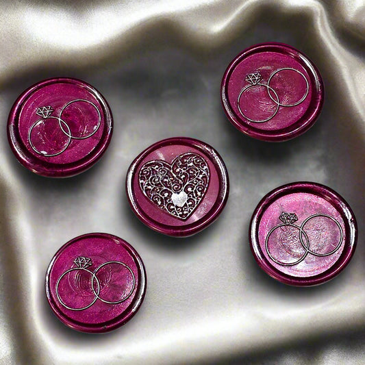 Wax seals mulberry red & silver rings and heart set of five, with adhesive backing for cards, letters and gifts
