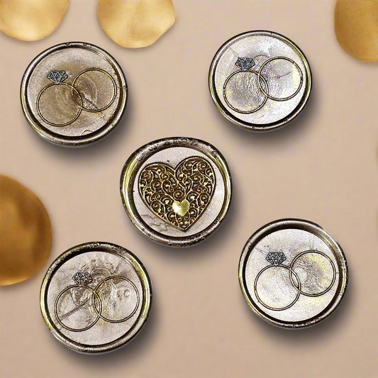 Wax seals taupe & gold rings and heart set of five, with adhesive backing for cards, letters and gifts