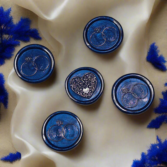 Wax seals royal blue & silver rings and heart set of five, with adhesive backing for cards, letters and gifts