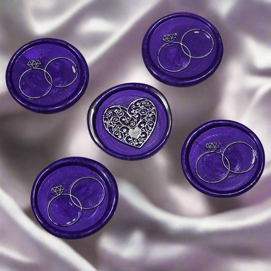 Wax seals royal purple & silver rings and heart set of five, with adhesive backing for cards, letters and gifts