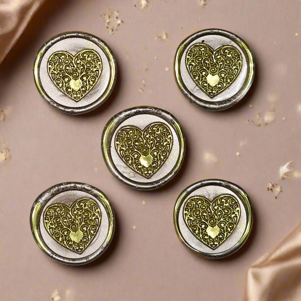 Wax seals taupe & gold heart set of five, with adhesive backing for cards, letters and gifts