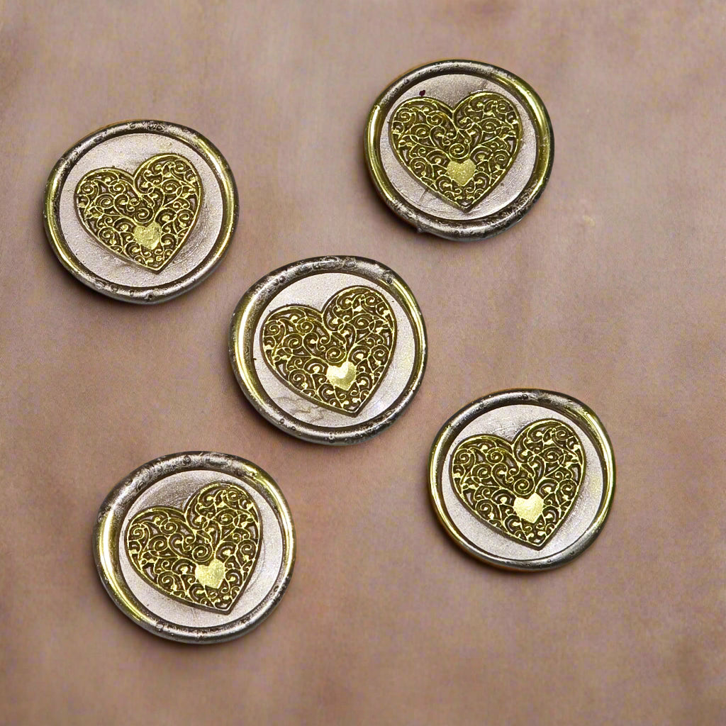 Wax seals taupe & gold heart set of five, with adhesive backing for cards, letters and gifts
