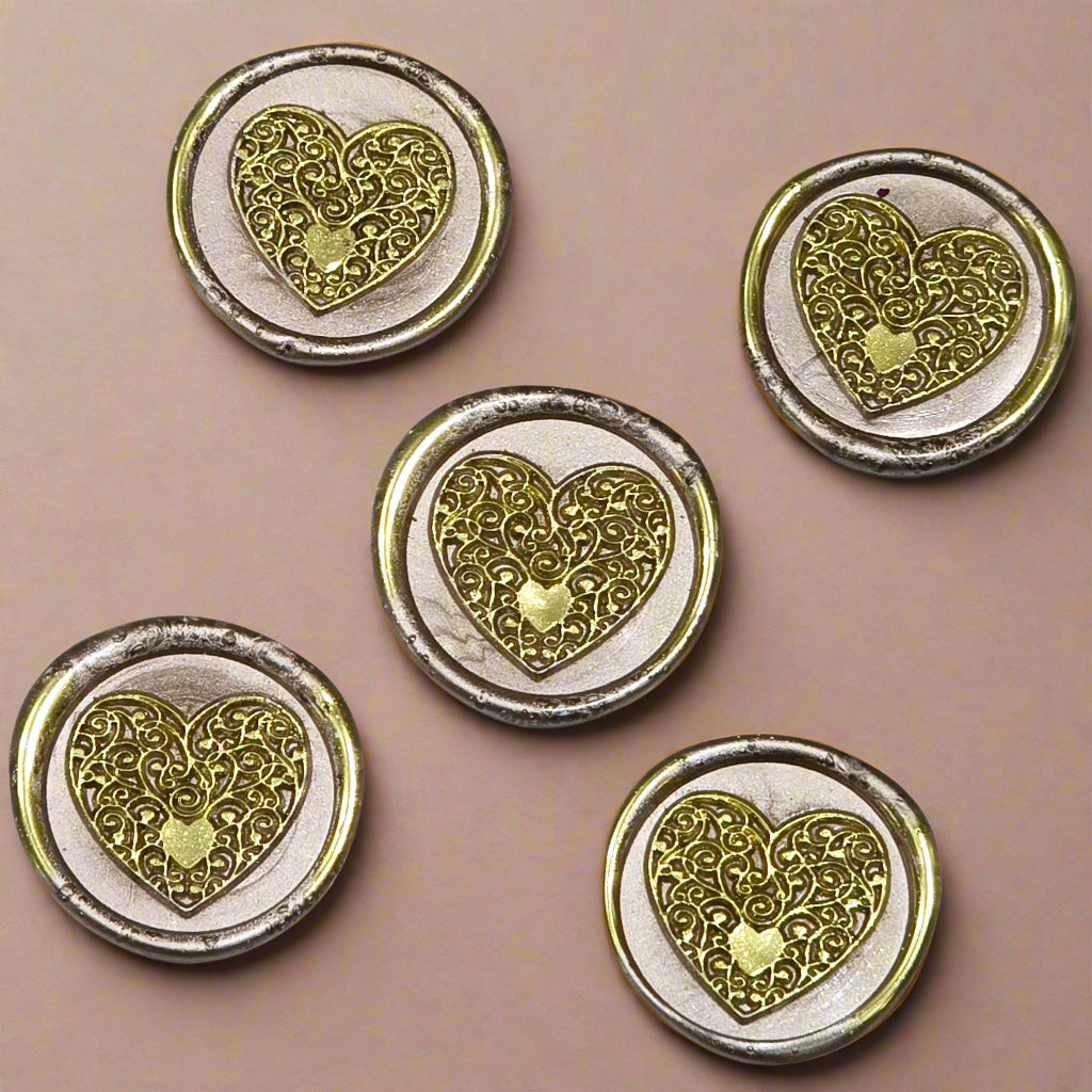 Wax seals taupe & gold heart set of five, with adhesive backing for cards, letters and gifts